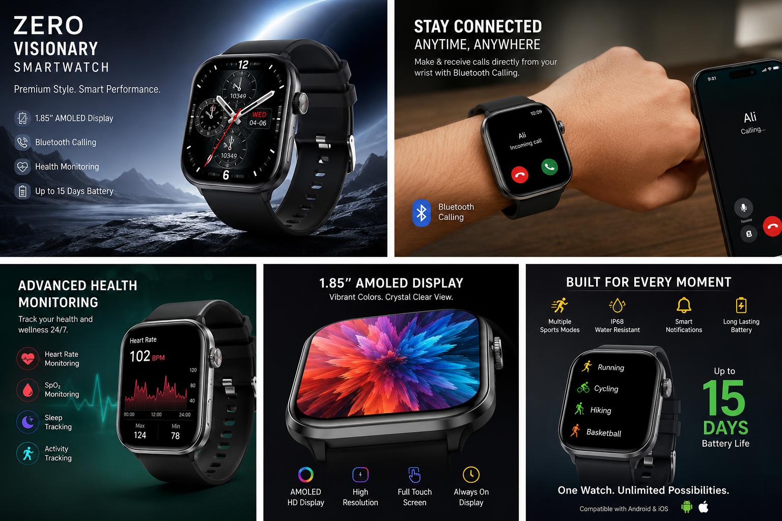 ZERO Visionary Smartwatch – 1.85" AMOLED Display | Bluetooth Calling | IP68 Waterproof