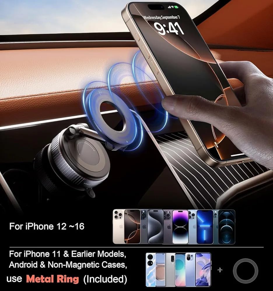 Portable Magnetic Phone Holder with Reusable Vacuum Suction