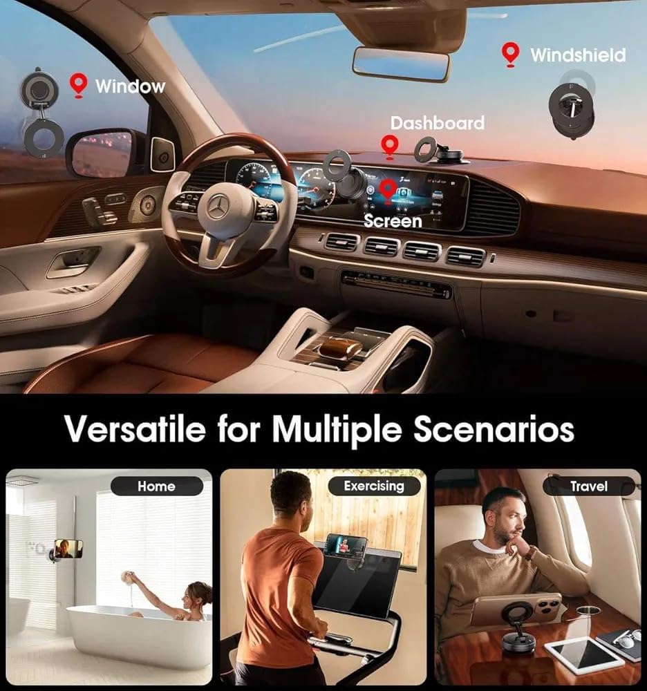Portable Magnetic Phone Holder with Reusable Vacuum Suction