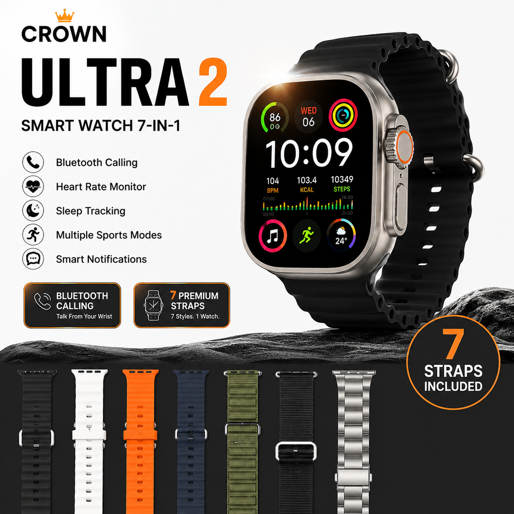 Crown Ultra 2 Smart Watch 7-in-1 – Bluetooth Calling | 7 Premium Straps Included