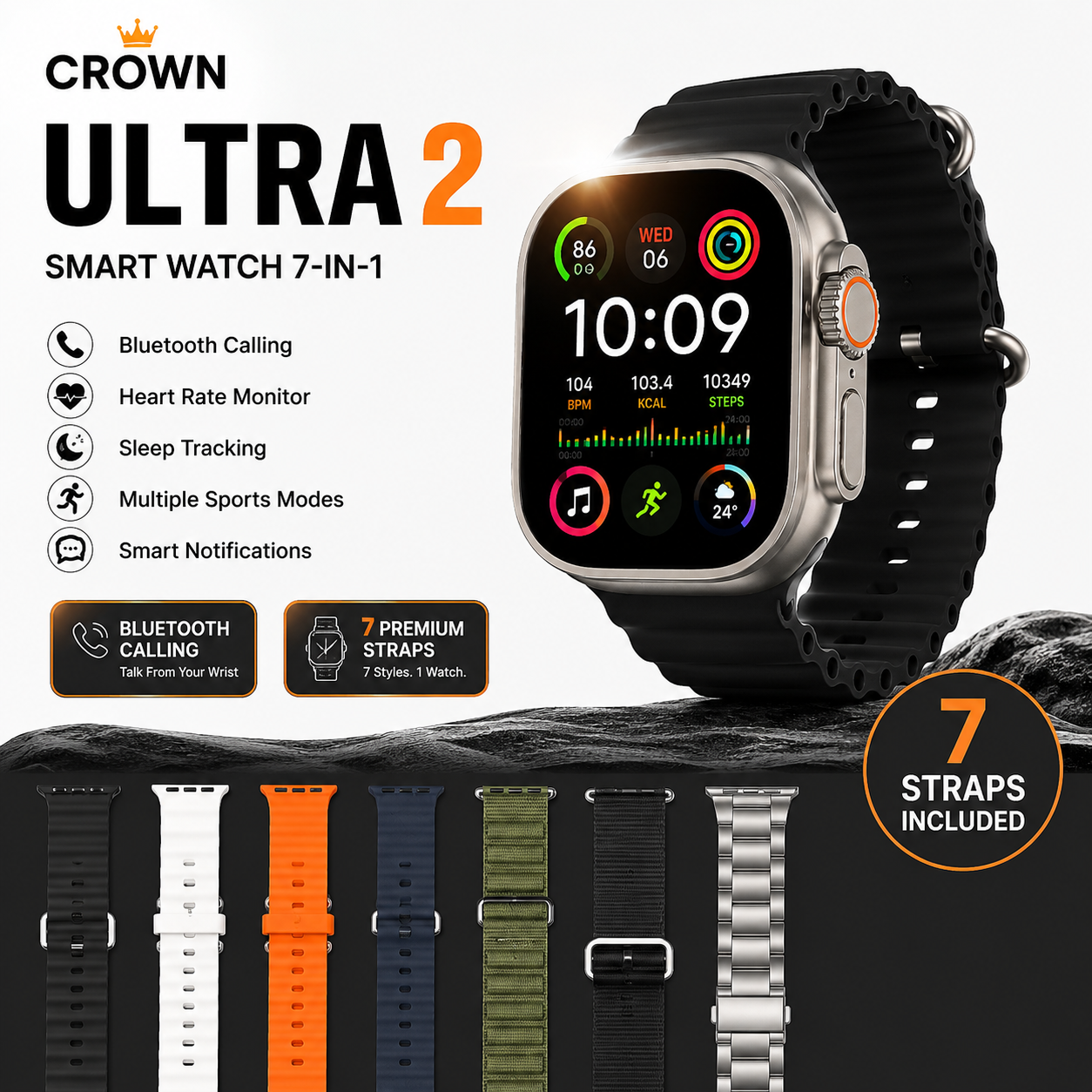 Crown Ultra 2 Smart Watch 7-in-1 – Bluetooth Calling | 7 Premium Straps Included