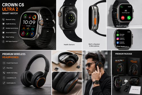 Crown C6 Ultra 2 Smart Watch + Wireless Headphones Combo